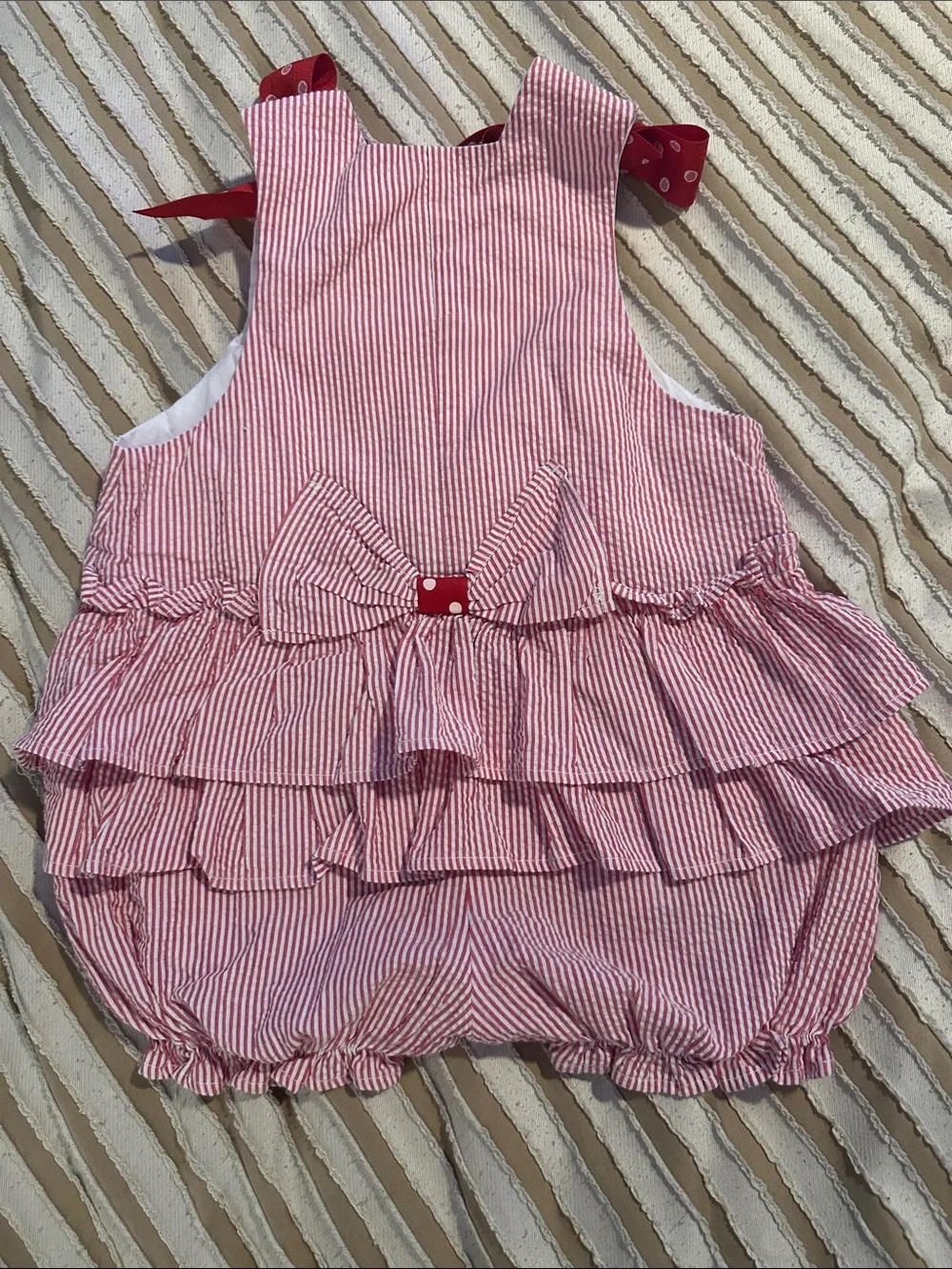 Red Striped Baby Bubble Romper with Beach Bucket Applique